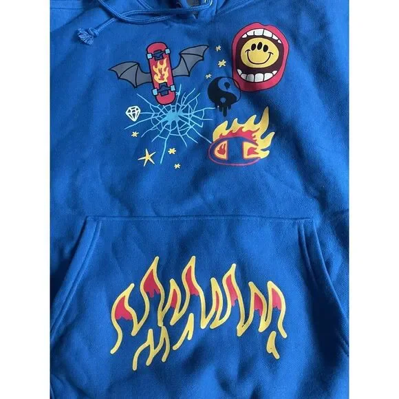 Champion Hoodie Men Sz L Sweatshirt Living in Blue Skateboard Flames NWT - Picture 8 of 11